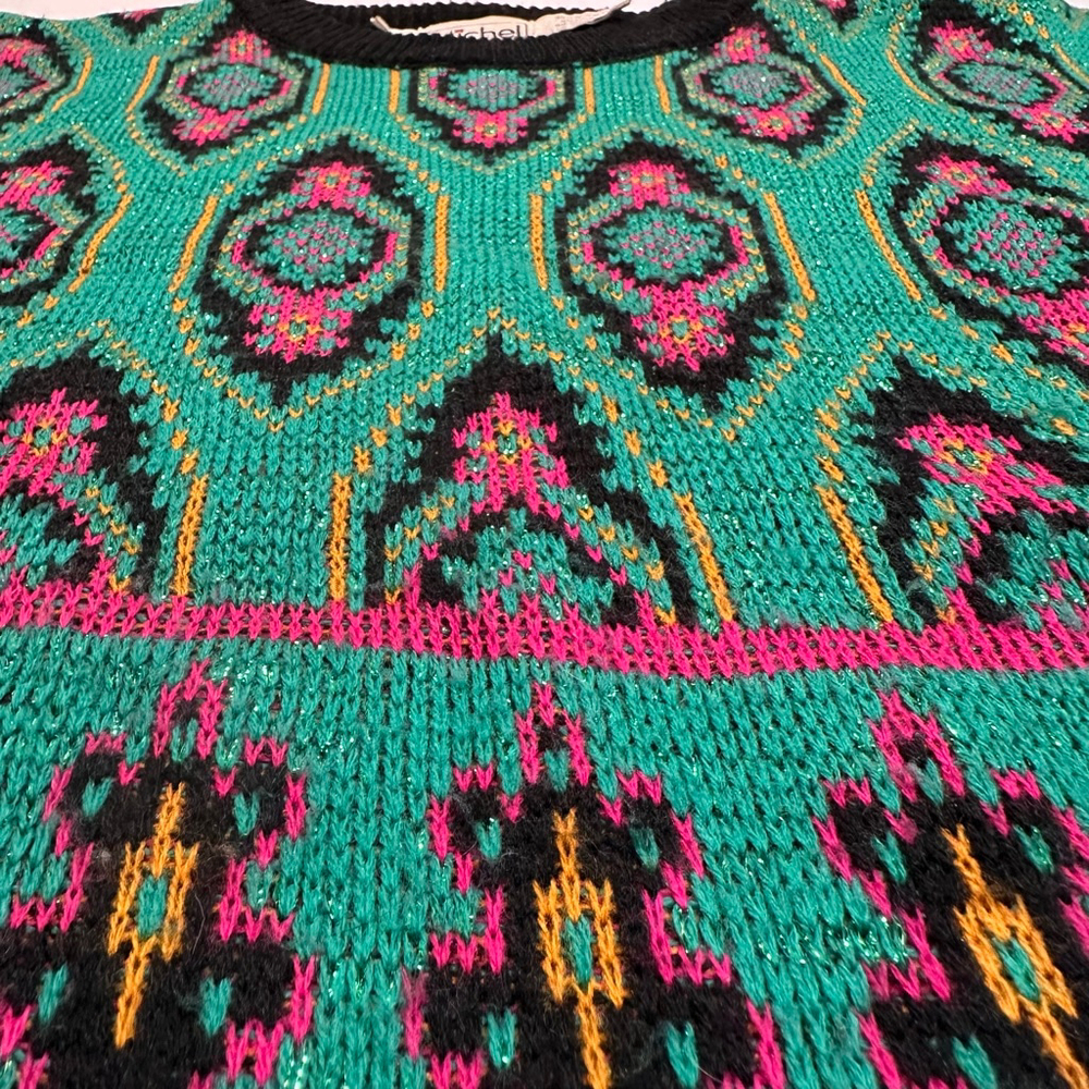 Michel | Vintage 1990s Cropped Metallic Geometric Knit Sweater | Jewel Tone | M - Picture 4 of 9